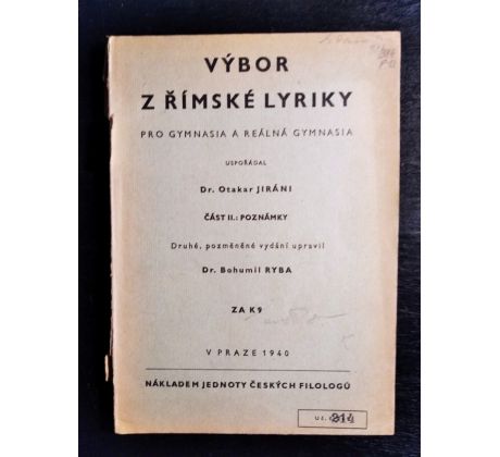 JIRÁNI, O. Výbor z římské lyriky pro gymnasia a reálná gymnasia